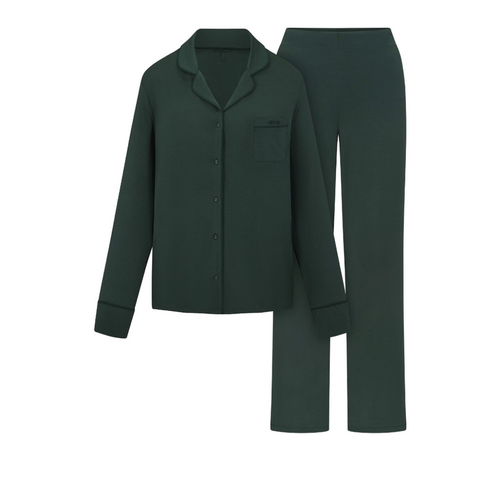Skims Sleep Long Sleeve Button Up Set - Spruce Green - Size XS